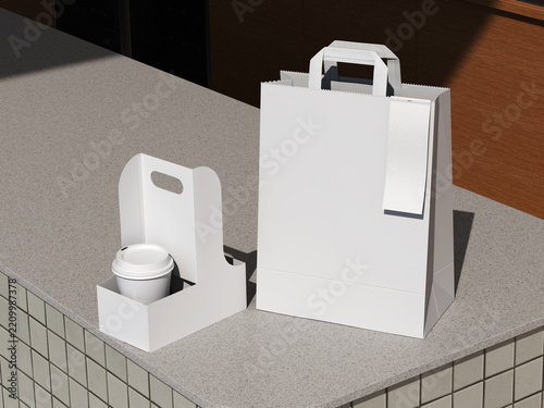 White takeaway packaging set with cup holder and shopping bag mockup