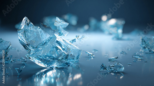 Shattered glass fragments on reflective surface with cool blue background