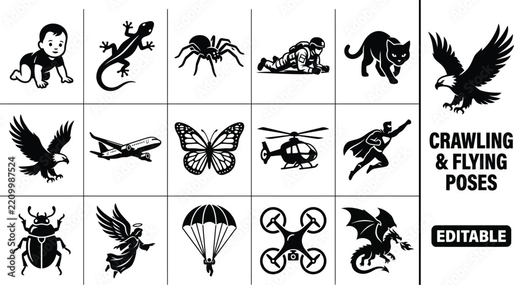 Obraz premium Collection of black and white silhouette featuring various crawling and flying creatures, animals, insects, and vehicles on white