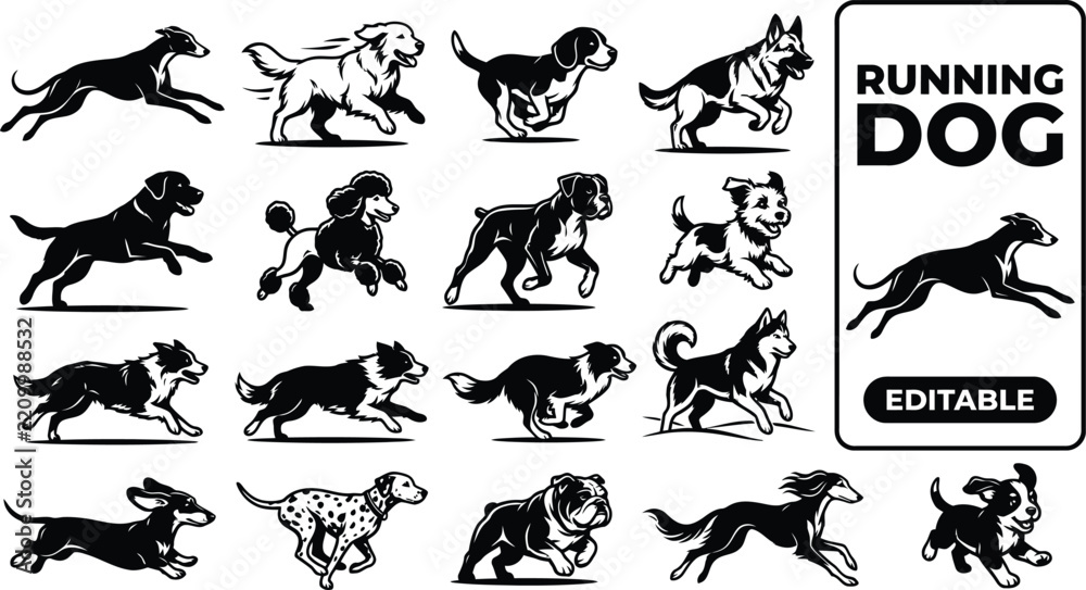 Obraz premium Collection of running dog silhouettes featuring various breeds in dynamic motion poses in a black and white style