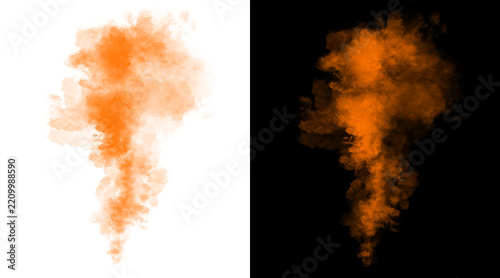 Vibrant orange smoke explosion on white and black backgrounds, atmospheric powder cloud effect, colorful mist texture for graphic design overlays