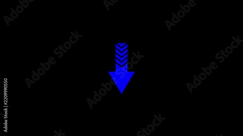 Blue arrow points downwards with motion graphics effect, signifying direction or descent.