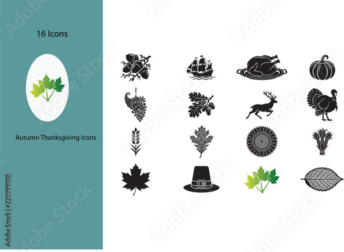 Autumn Thanksgiving Icons Set, Black Silhouette Fall Harvest Vector Collection