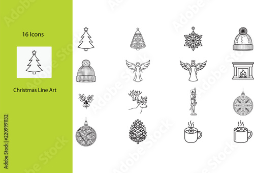 Christmas Line Art Icons Set, Festive Holiday Vector Elements Collection