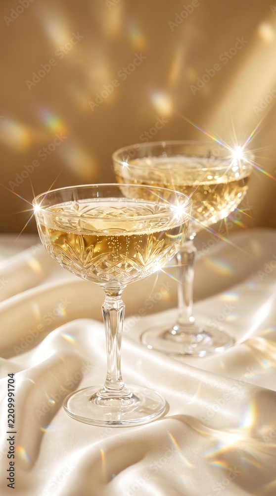 Obraz premium Glamorous close-up of two crystal coupe glasses filled with champagne. Stunning optical refractions, starburst highlights, and rainbow prisms on a light background. Perfect for luxury party concepts