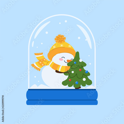Sweet vector illustration of a snow globe with a snowman hugging a Christmas tree. A cozy winter scene ideal for children's holiday cards, posters, and seasonal merchandise.
