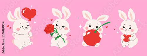 Cute bunnies for Valentine's Day. Romantic hares for February 14th. Fluffy rabbit characters with a heart, balloon, cherry, and flower. Perfect for Valentine's Day cards, stickers, and romantic gifts.
