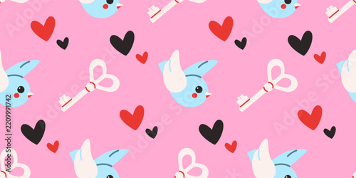 Seamless pattern with blue birds, keys and hearts on a pink background. Repeating print with cute romantic symbols perfect for Valentine's Day wrapping paper, textile prints, and greeting cards.