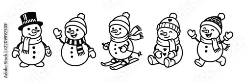 Snowman winter activity icon set featuring walking, skiing, sitting, and skating characters. Cute seasonal illustrations for Christmas, winter vacation, snow sports, holiday cards, and festive designs
