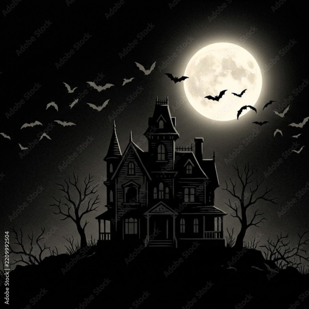 Fototapeta premium Spooky haunted house silhouette under a glowing full moon with a swarm of flying bats and dead trees at night