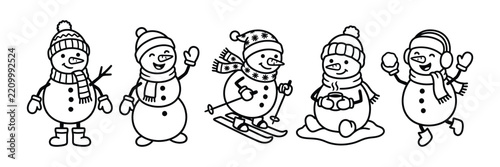 Cute snowman character collection with winter activities including skiing, skating, walking, and relaxing in the snow. Black outline vector illustrations for Christmas, winter holidays, and seasonal.