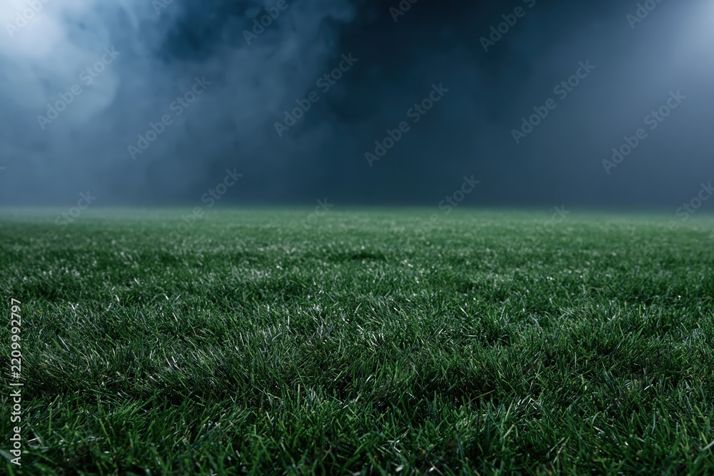 Obraz premium The Grass Field Under a Mysterious Stormy Sky and Thick Fog