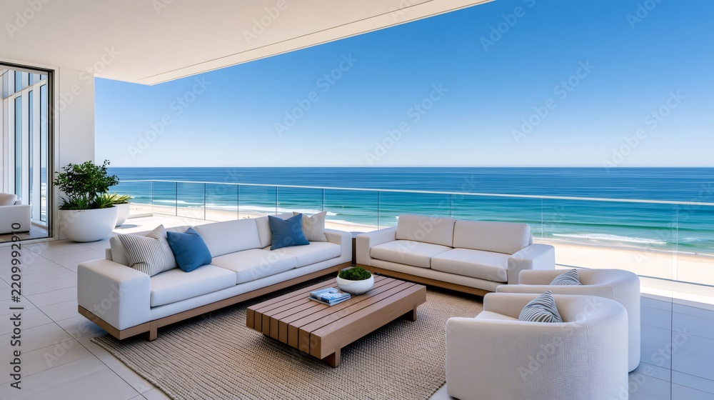 Fototapeta premium Luxury oceanfront balcony with modern outdoor furniture and beach views