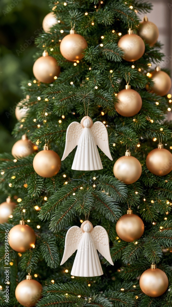 Obraz premium Christmas tree decorated with angel ornaments and gold baubles