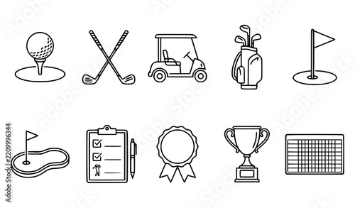 Golf Ball Clubs Cart Bag Flag and Sports Outline Icons