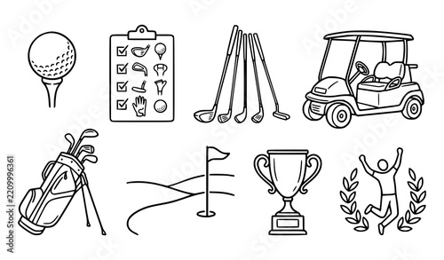 Golf Course Equipment and Victory Symbol Thin Line Vector Icons