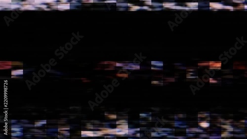 Digital glitch overlay featuring futuristic scan lines and pixelated mosaic distortion