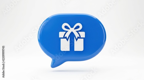 3d render blue speech bubble icon with gift box isolated on white background