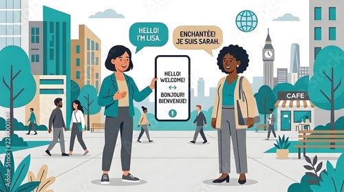 Two Women Speaking in Urban Park with Speech Bubbles and Cityscape Background