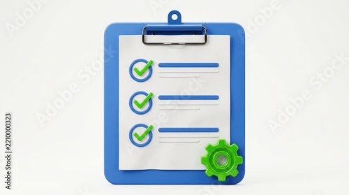 3d clipboard with a checklist and a green gear icon isolated on white background