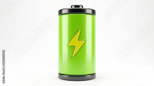 3d render of a green cylindrical battery with a yellow lightning bolt icon isolated on white background