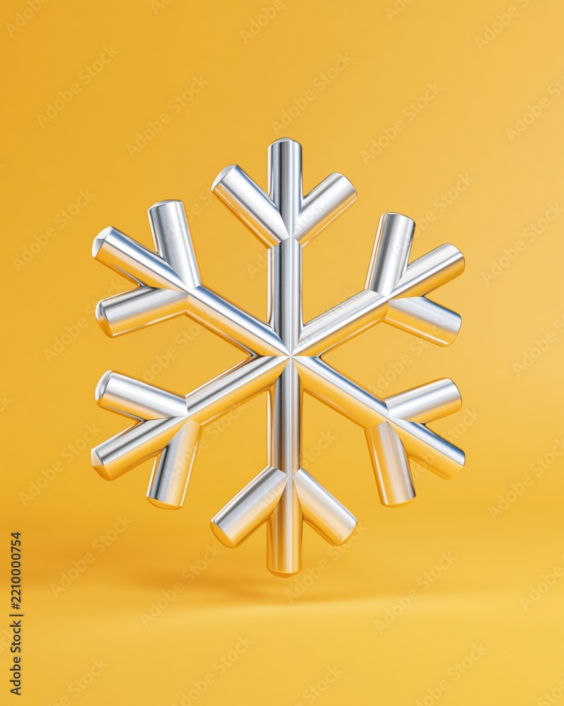 Obraz premium Abstract metallic snowflake with six identical arms on warm yellow background, constructed with reflective chrome finish and soft shadow