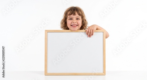 A child in the scene with a blank board; she has her head resting on it and is supporting herself with her hand.