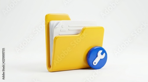 3d icon of a yellow file folder with a blue wrench symbol isolated on white background