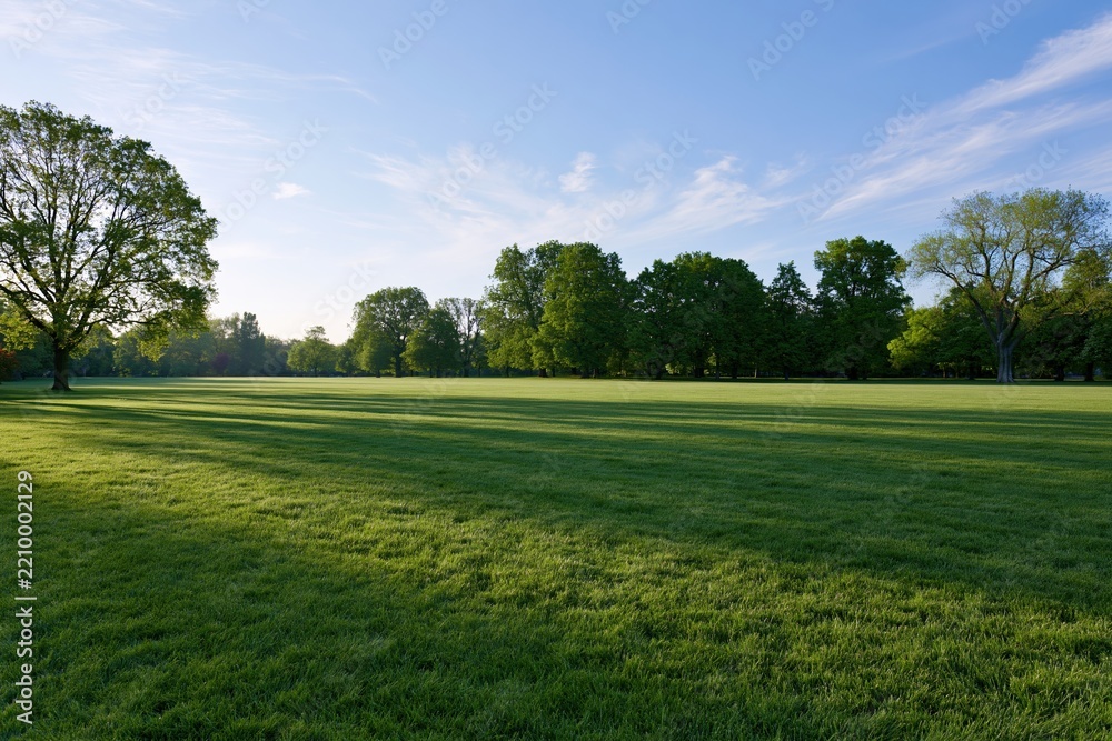 Obraz premium The Expansive Park Lawn Bathed in Morning Light Among Trees
