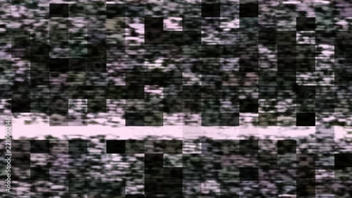 Cyber glitch overlay combining VHS scan noise with a fragmented mosaic pixel effect