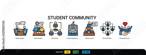 Student Community Line color Icons. Education, Collaboration and Campus Life Outline Vector Set