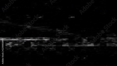 Retro-futuristic tape distortion with scanning noise and blocky mosaic pixel texture