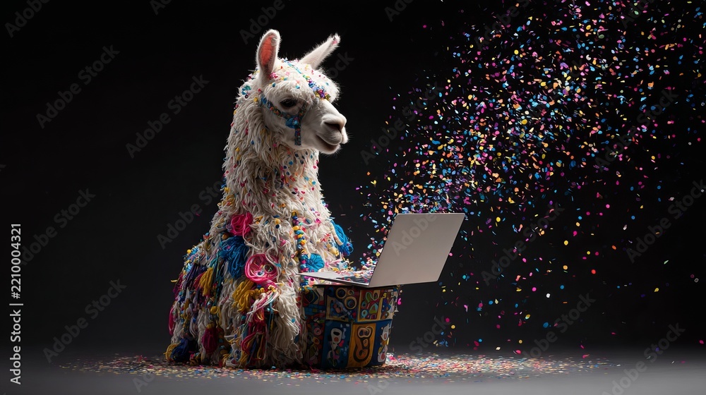 Fototapeta premium Festive white llama wearing colorful accessories working on a modern laptop computer amidst flying celebration confetti