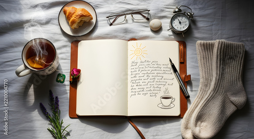 Cozy morning flatlay with open journal hot tea croissant glasses alarm clock and lavender
