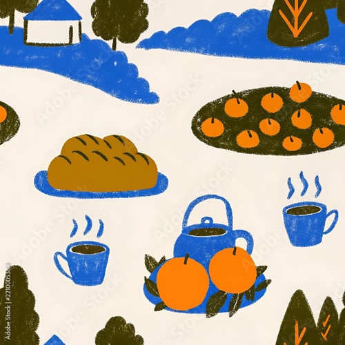 Seamless pattern with hand drawn breakfast items coffee bread and oranges image photo