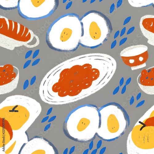 Seamless pattern of fried eggs and breakfast bowls on a grey background image photo