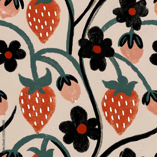 Seamless Pattern with Hand Drawn Strawberries and Black Flowers on Beige Background