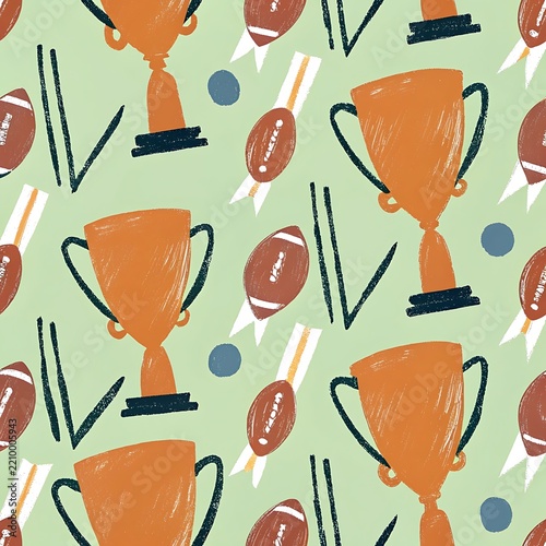 Seamless Pattern with Hand Drawn Trophies and American Footballs on Light Green Background