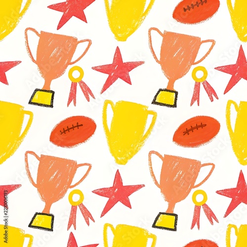 Seamless Pattern with Hand Drawn Trophies Stars and American Footballs on White Background