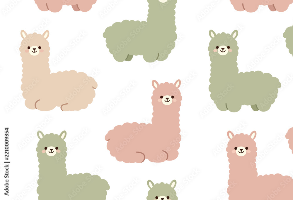 Obraz premium Seamless Pattern Illustration Featuring Cute Pastel Alpacas on White Background