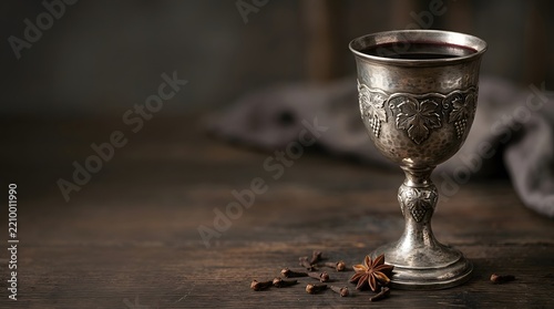 A detailed silver goblet filled with dark liquid rests on a rustic wooden table with spices.