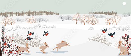 vector drawing winter landscapes with rabbit, bullfinch birds, snow, sun and trees, hand drawn illustration