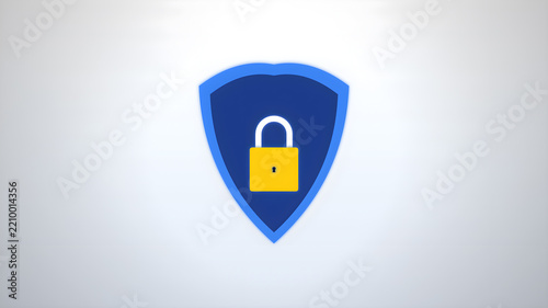 Blue shield icon with a yellow padlock in the center representing digital safety and data security concept for modern technology websites
