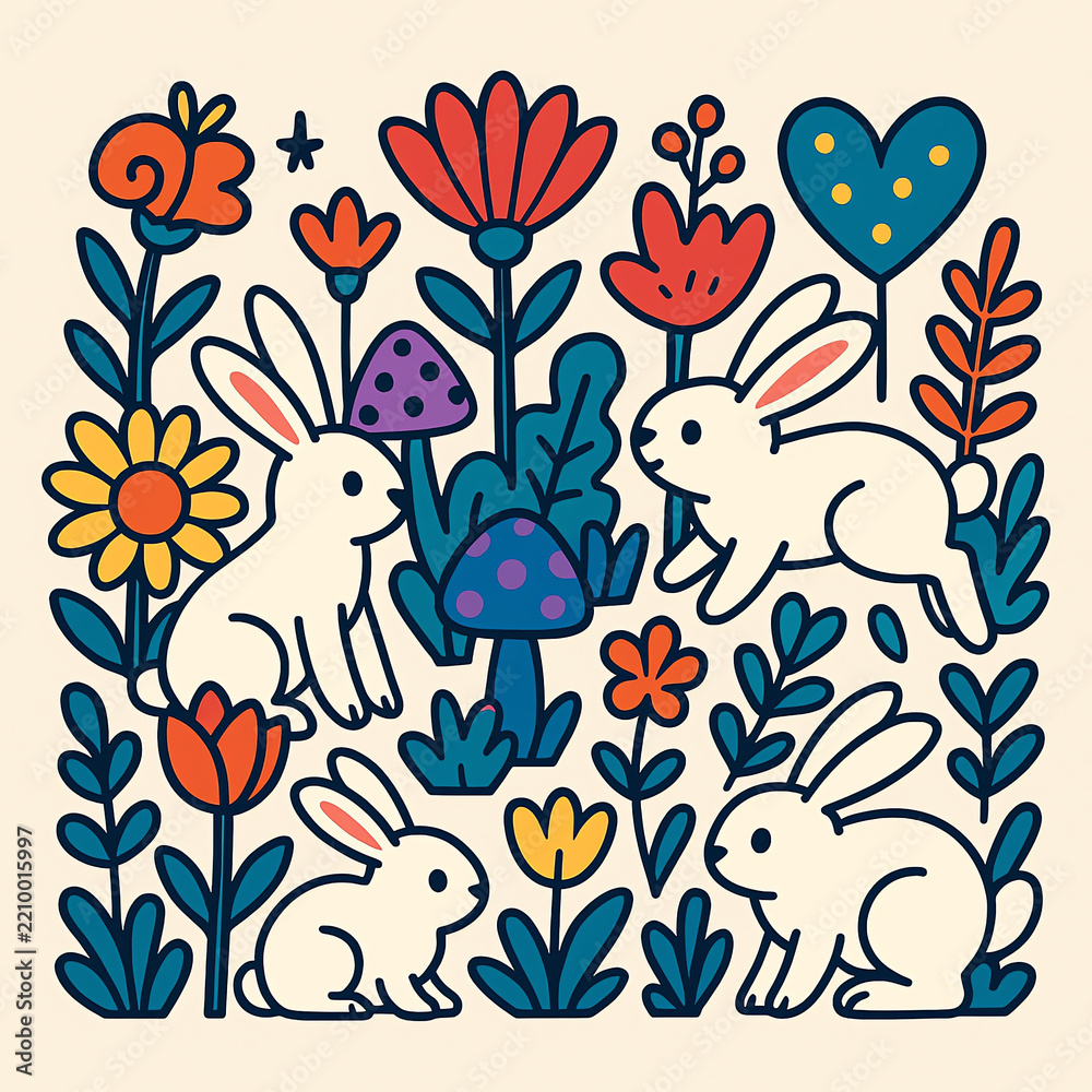 Fototapeta premium Rabbits Discovering Colorful Flowers and Mystical Plants in a Garden