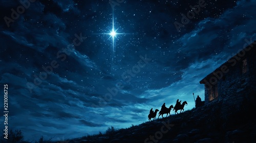 Wise men riding camels traveling towards Bethlehem under glowing Christmas star shining brightly in dark blue night sky
