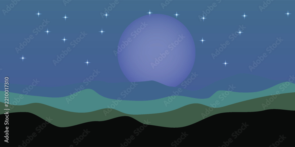 Obraz premium Serene Night Landscape with Large Moon and Mountain Range.