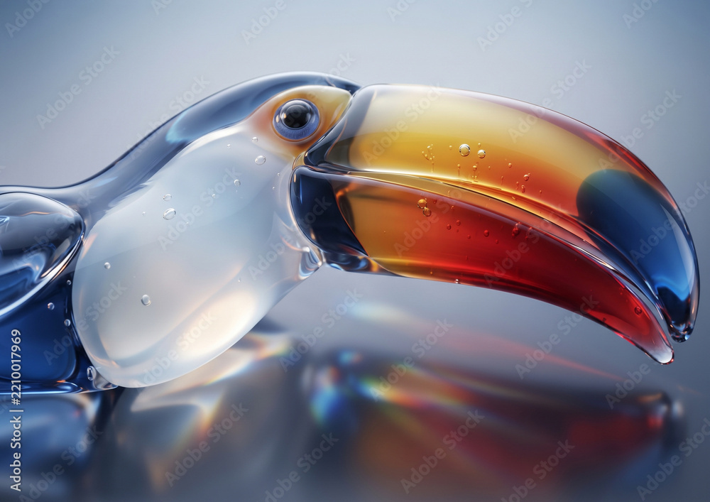 Fototapeta premium Close up of beautiful colorful translucent Murano glass toucan sculpture with beak highlights