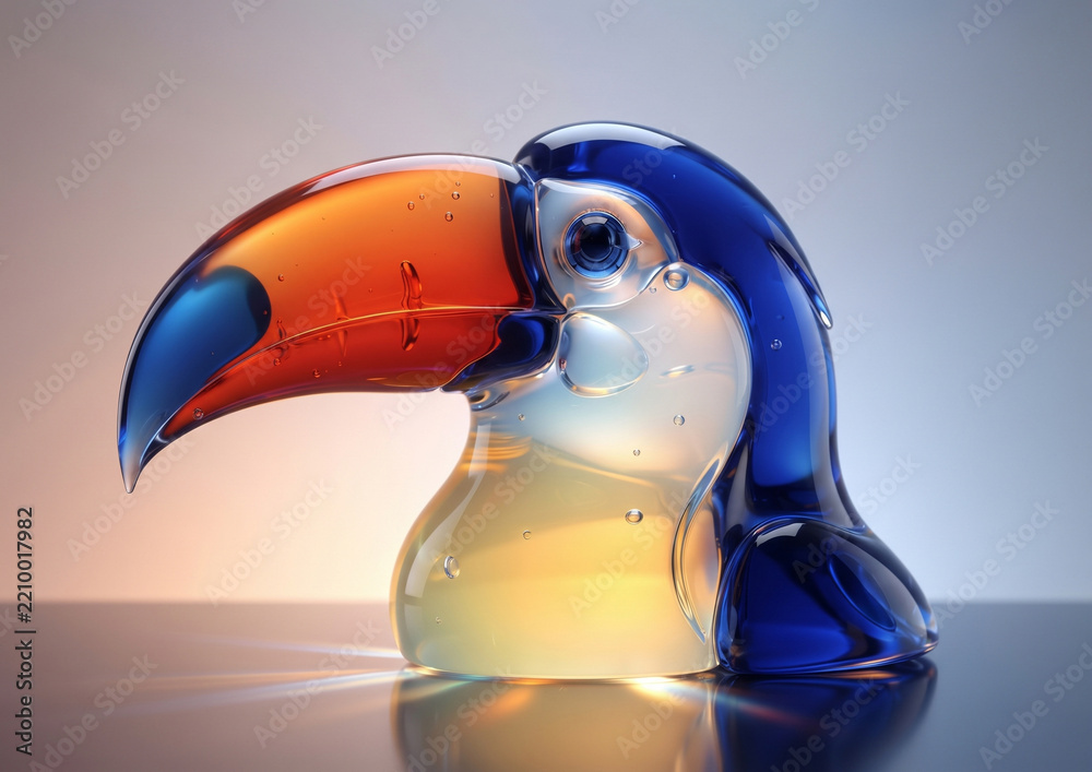 Fototapeta premium Beautiful colorful translucent Murano glass toucan bird sculpture on reflective surface