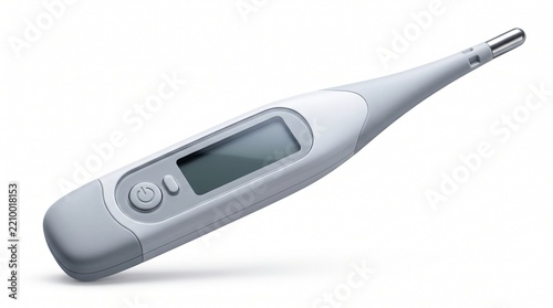 A modern white and grey digital medical thermometer with a display screen and power button.