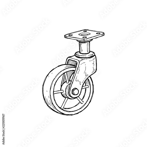 Industrial caster wheel drawing with heavy duty metal bracket and swivel plate for manufacturing hardware catalogs and furniture assembly technical manuals.